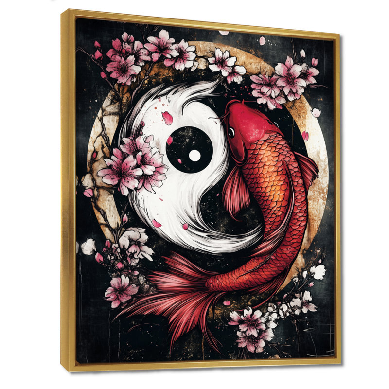 Étang mural Sakura Yin et Yang Koi, H 32 po x l 24 po x P 1 po, Toile avec cadre flottant or