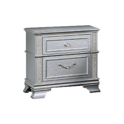 Contemporary Style 2 - Drawers Gray Bedside Cabinet With Chic Drop Bail Handle And Sparkling Glitter Front, Bedroom Nightstand Traditional Crystal Sha