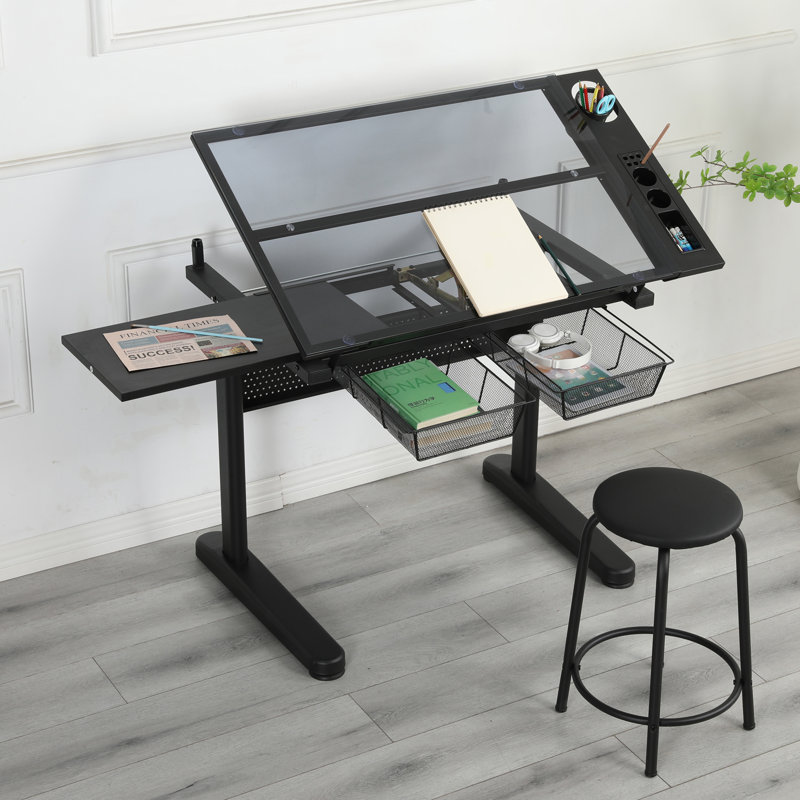 Bureau à dessin à manivelle réglable avec 2 tiroirs en métal
