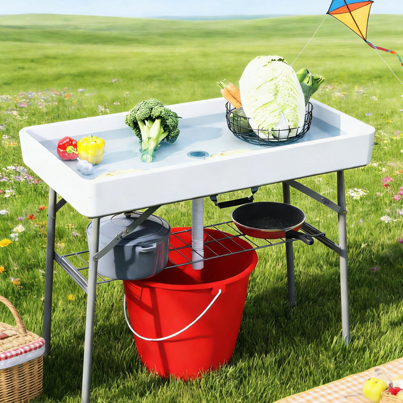 Table à glaçons blanche pour l'extérieur avec design pliable, tablette de rangement supplémentaire, convient aux pique-niques et aux fêtes, bonde à assembler requise, intempéries, grands pique-niques pour barbecue, nécessaire