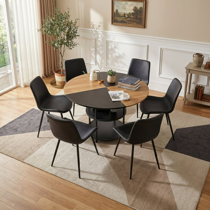 Ensemble de salle à manger Mid-Century, Noir, 7 pièces : table, 6 chaises