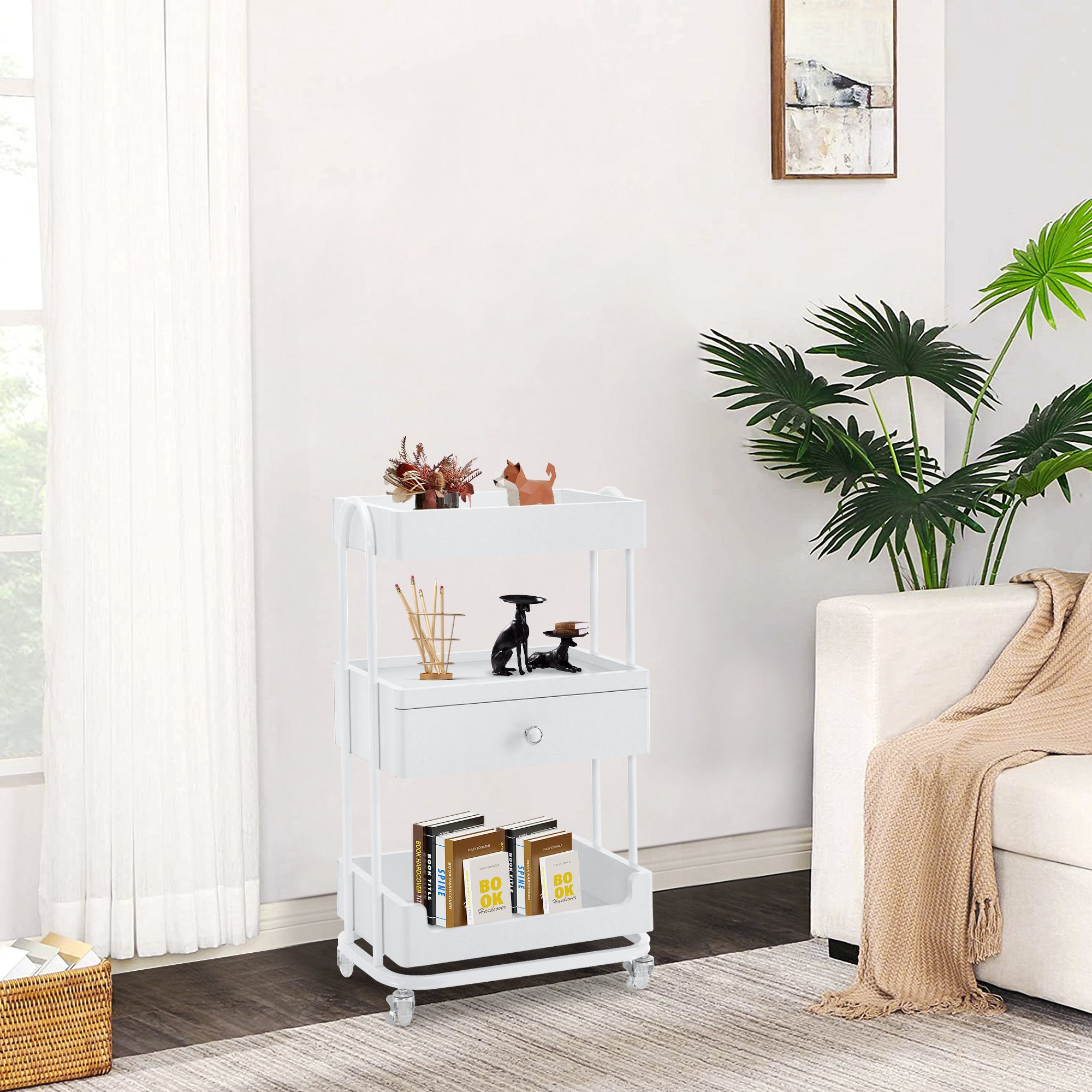 Chariot De Salon 4 Tiroirs - Rangement Mobile Pour Beauté, Coiffure | Or Et Blanc, 83,5x37x31cm