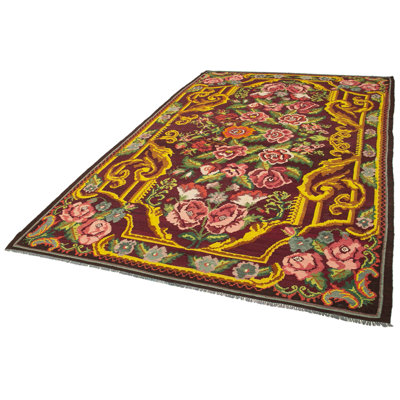 Moldovian Floral Machine Woven Rectangle 6'8"" x 10'6"" Wool/Cotton Indoor / Outdoor Area Rug in Yellow -  Lofy, L-8684012081367