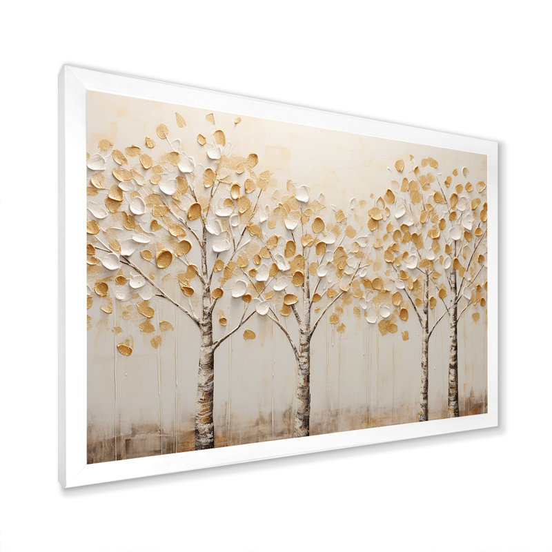 Harmonie d'arbres beiges - art mural arbres, Cadre simple blanc, H 12 po x l 20 po x P 1 po