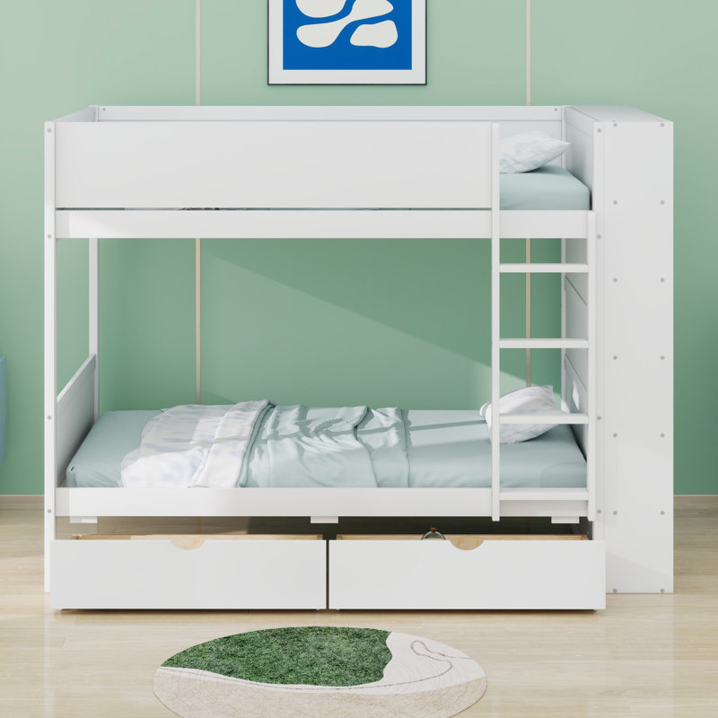 Lit superposé avec 2 tiroirs et armoire à couches multiples, Simple sur simple, Blanc
