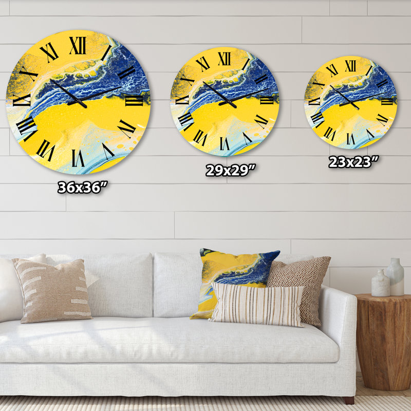 Composition abstraite en jaune et bleu VII - horloge murale moderne, Moyenne