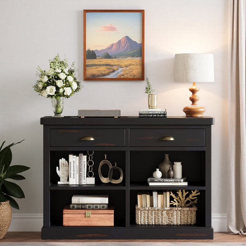 Console Farmhouse avec 2 tiroirs et 4 tablettes ouvertes, Espresso, Espresso, Espresso