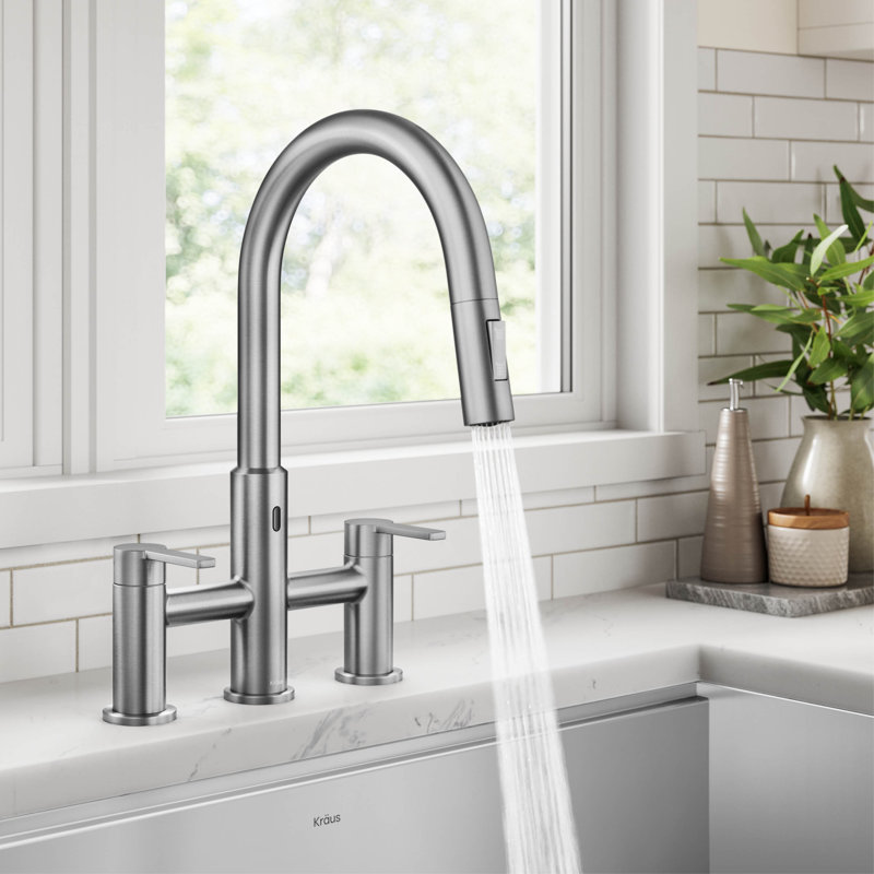 KRAUS Oletto Touchless Sensor Bridge Kitchen Faucet With Pull-Down Sprayhead, Stainless Steel
