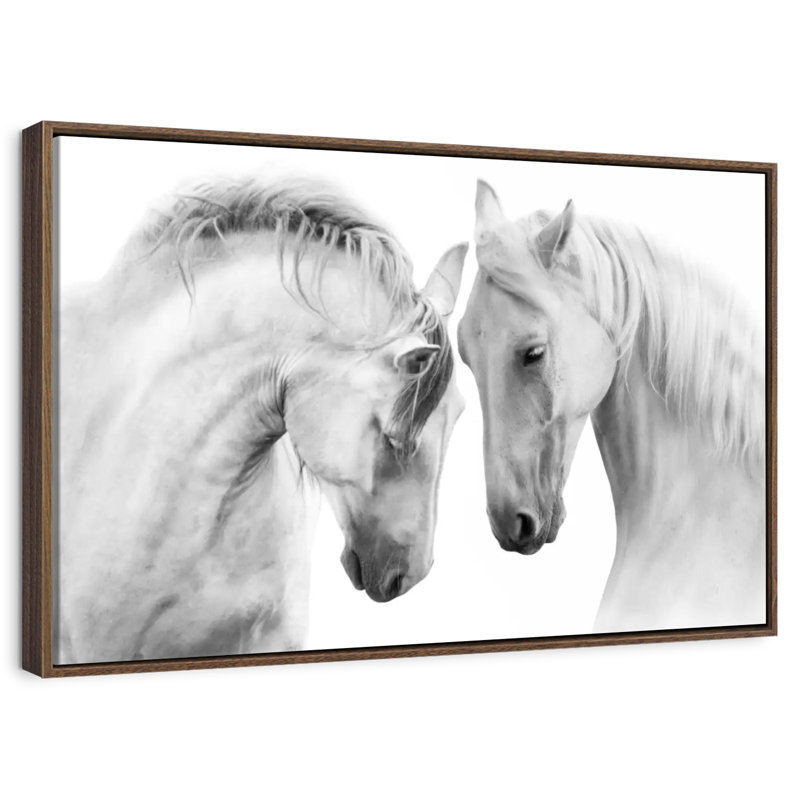Couple de chevaux blancs, 37 po x 25 po, Cadre flottant noyer
