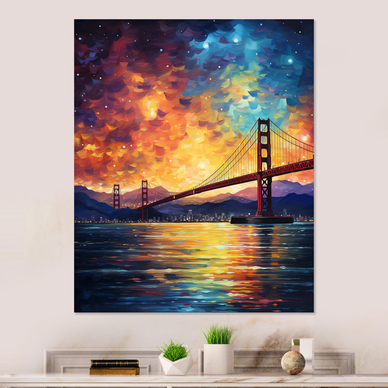 Nuit étoilée au-dessus du pont de San Francisco - art mural en métal Vangogh, H 20 po x l 12 po x P 1 po
