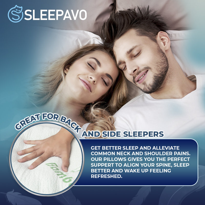 Sleepavo Memory Foam Pillows Queen Size Set of 2 - Cooling Bed Pillows for Sleeping - 2 Pack, Rayon Derived from Bamboo