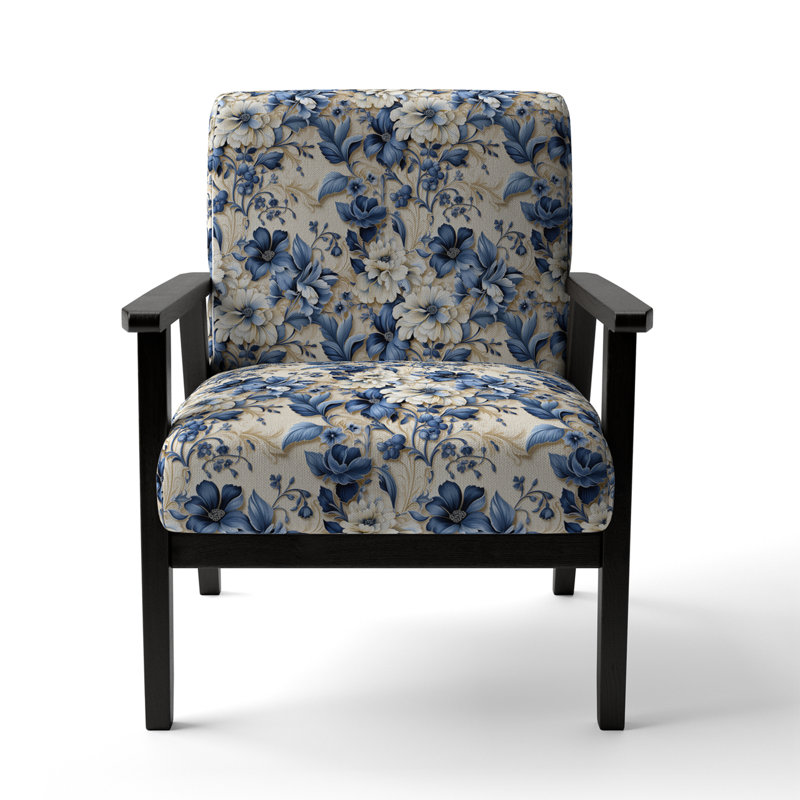 Fauteuil victorien en damas bleu et blanc avec accents éclectiques