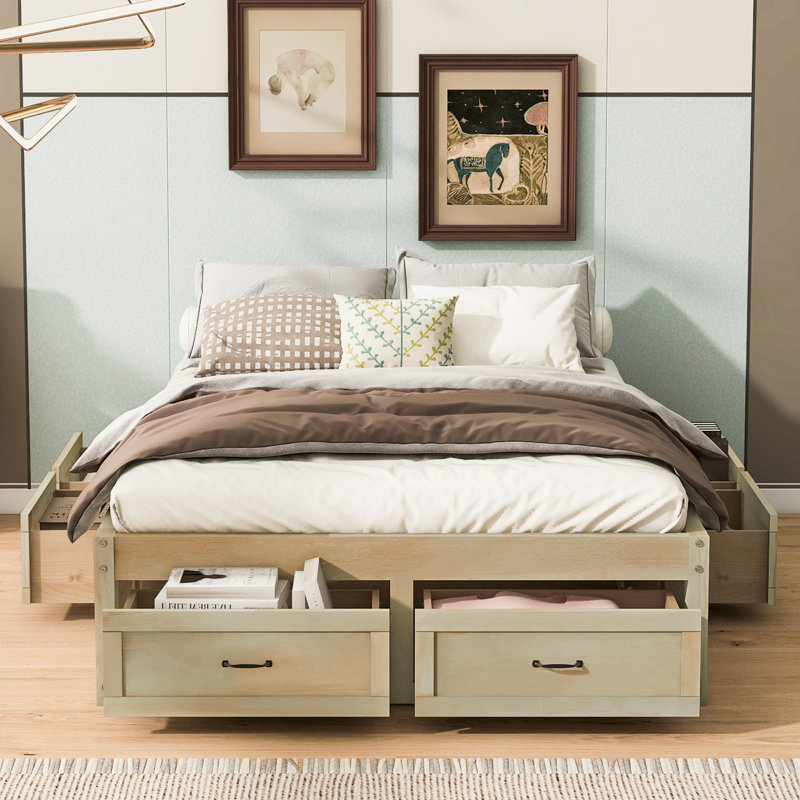 Lit plateforme avec 6 tiroirs de rangement, naturel antique, Lit double