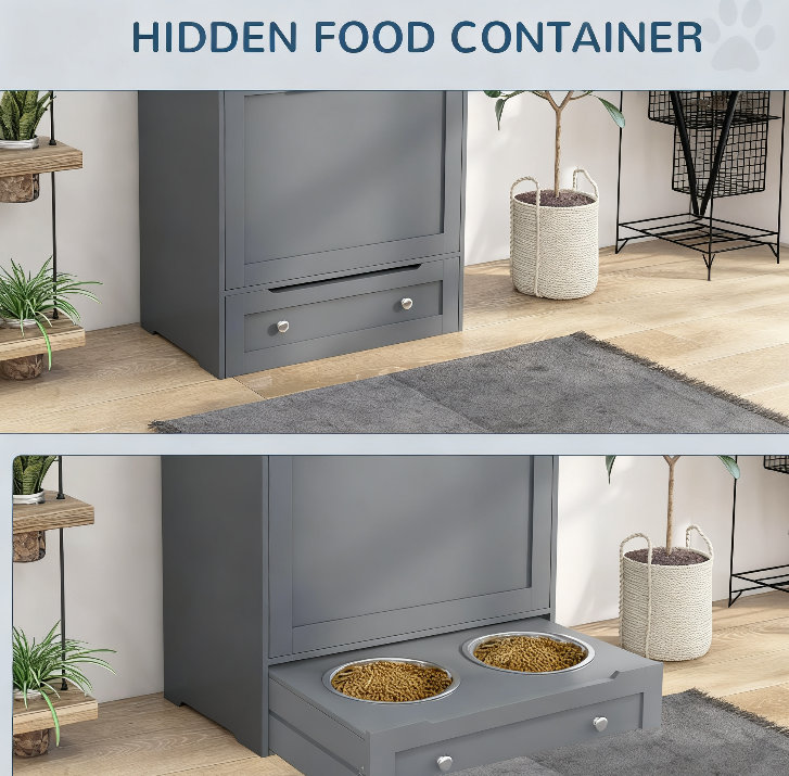 Armoire surélevée pour chien avec rangement et bols surélevés, gris, Gris