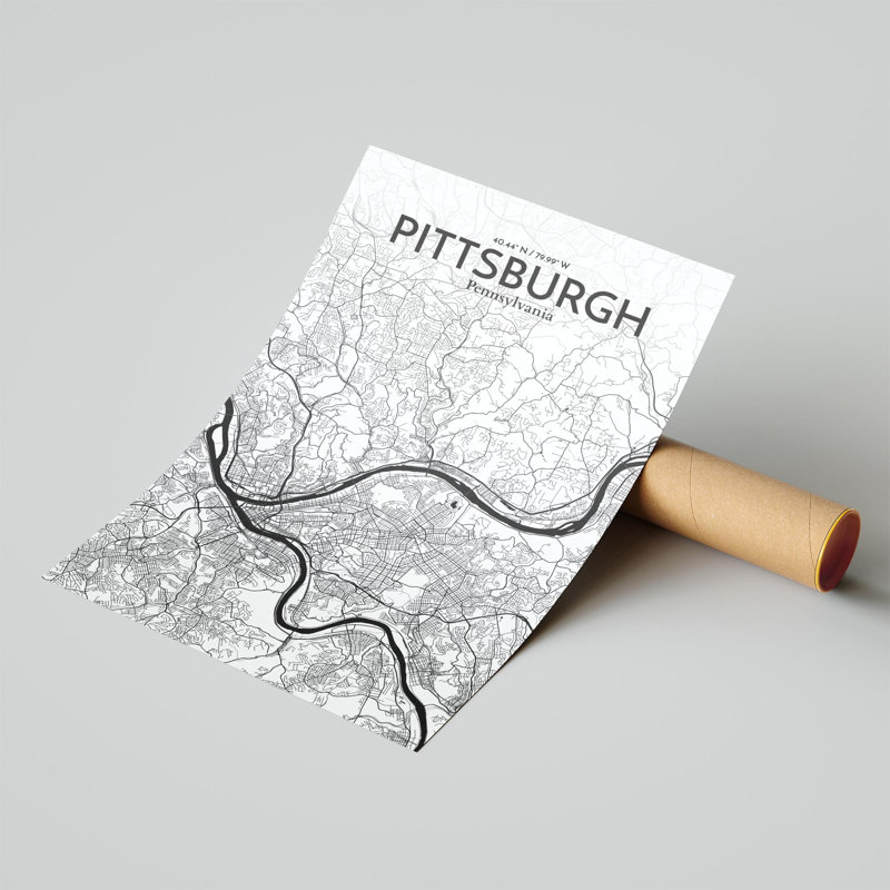 Pittsburgh City Map, impression, H 17 po x l 11 po, Noir et blanc