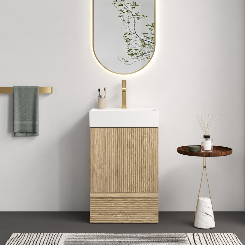 Ensemble de meuble-lavabo autoportant avec lavabo et tiroir rayé Othelia, Chêne clair