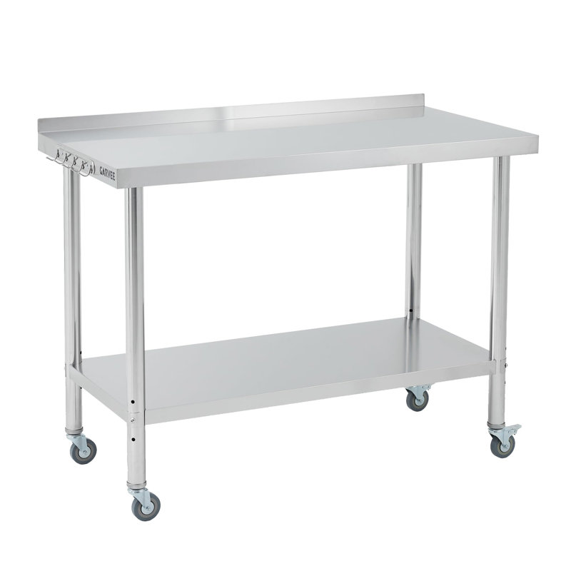 Table de préparation commerciale en acier inoxydable 30 x 24 x 35 po - Station de travail robuste - Tablette inférieure réglable - Dosseret - Bord droit - Avec roulettes, avec dosseret, roulettes verrouillables
