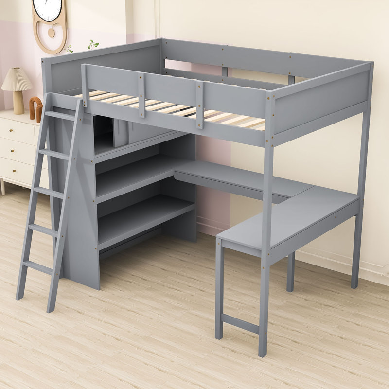  Lit mezzanine double avec bureau et tablettes Julena, gris