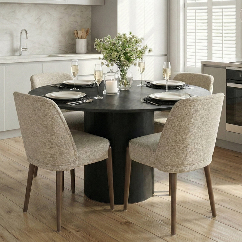 4 - Person Dining Table Sets With Round Table & 4 Upholstered Dining Chairs, Beige