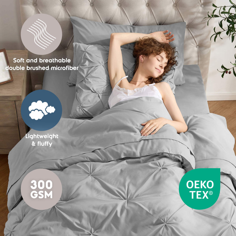 Bed-in-A-Bag Pleated Comforter Set with Bed Sheets, Light Gray, Twin Extra Long Comforter + 4 Additional Pieces