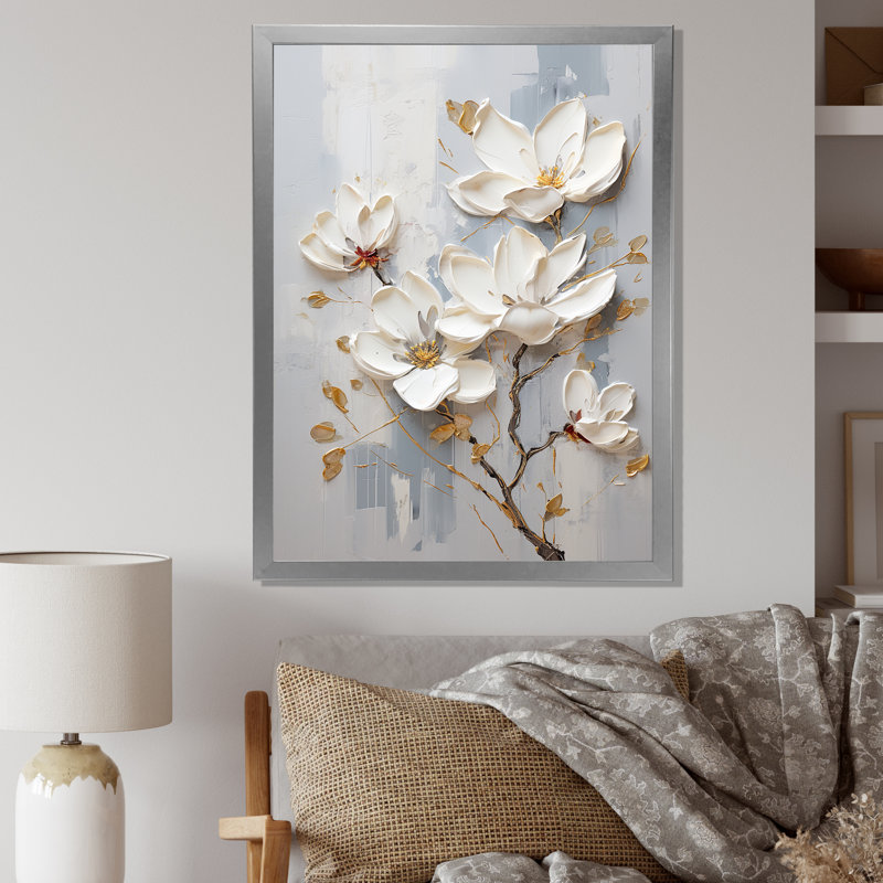 «Magnolias I» bleu et blanc sur toile, H 40 po x l 30 po x P 1,5 po, Cadre simple argenté