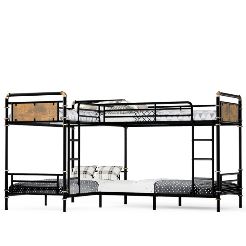 Quad Bunk Bed for 4 Kids, Heavy-Duty Metal Twin Bunk Bed Frame, Detachable Convertible Bunk Bed, Can Split into 3 Twin Beds, Black