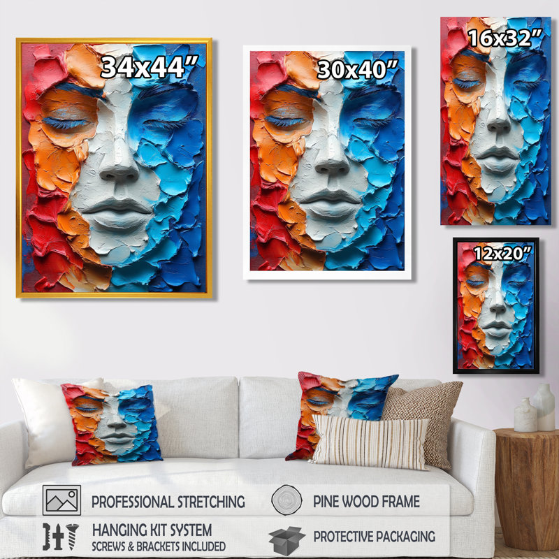 Larmes de l'intérieur bleu et orange - Portraits abstraits, art mural, H 20 po x l 12 po x P 1 po, Toile tendue