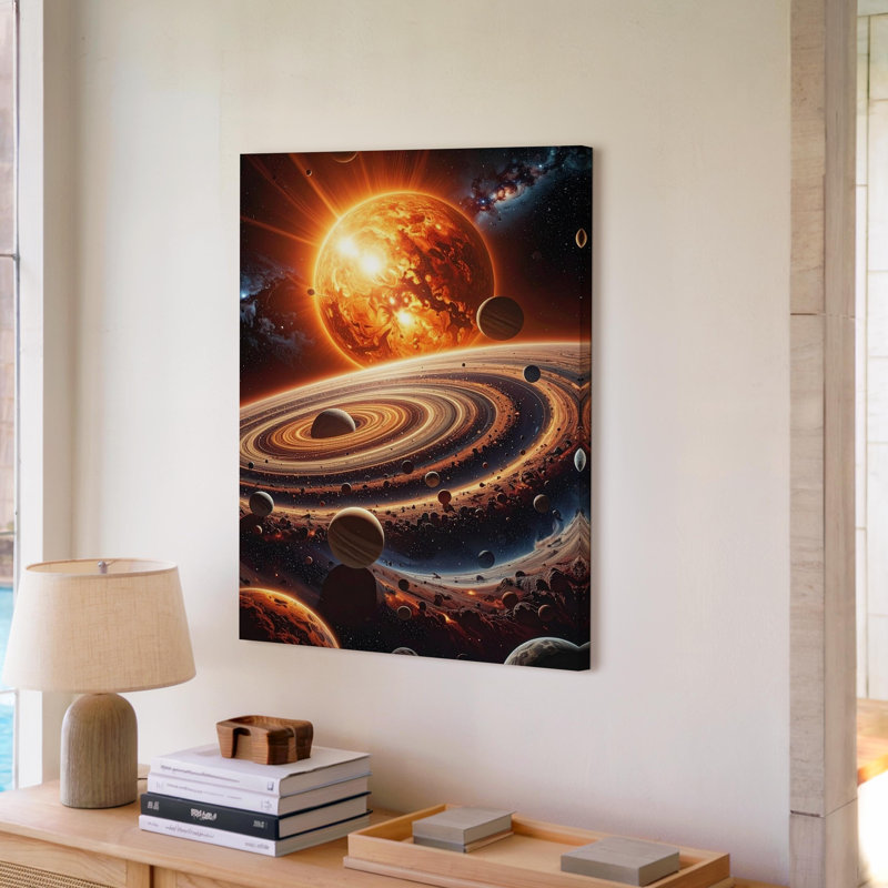 Art mural, toile, système cosmique, planètes orbitales et soleil ardent dans un vaste univers, prêt à accrocher