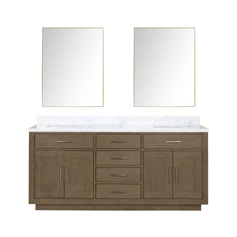 Ensemble de meuble-lavabo double 72 "avec miroir, Chêne gris, Marbre de Carrare blanc