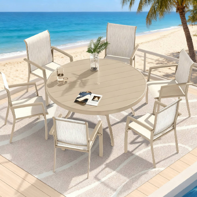 Outdoor Round Dining Table For 6 - 7, All - Weather Metal, Sandstone Color, Umbrella Hole For Patio, Gray