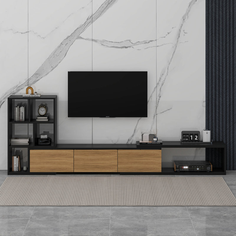 Meuble télé extensible avec bibliothèques à 3 niveaux, armoires de rangement, console multimédia de table coulissante, Noir