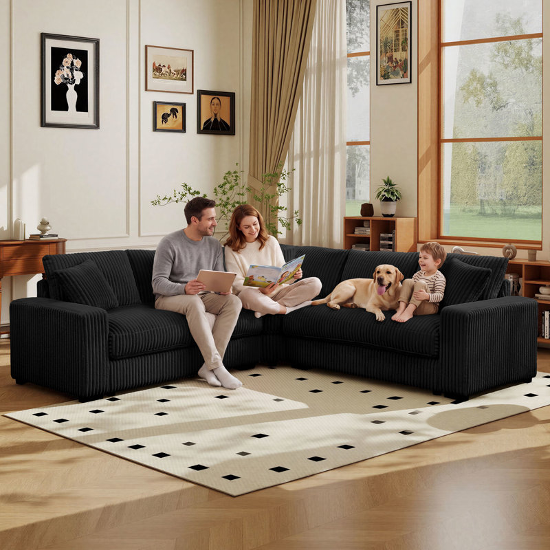 Clitheroe 98.7" Wide L-Shaped Corner Corduroy Modular Sectional Sofa With Multifunctional Ottoman, Black Corduroy