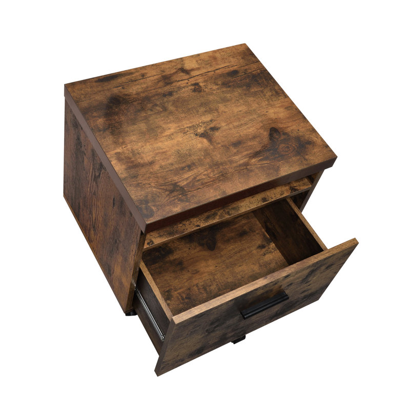 Classeur rectangulaire en chêne vieilli et noir - assemblé, plateau en bois, pieds verrouillables en métal et tiroir de finition