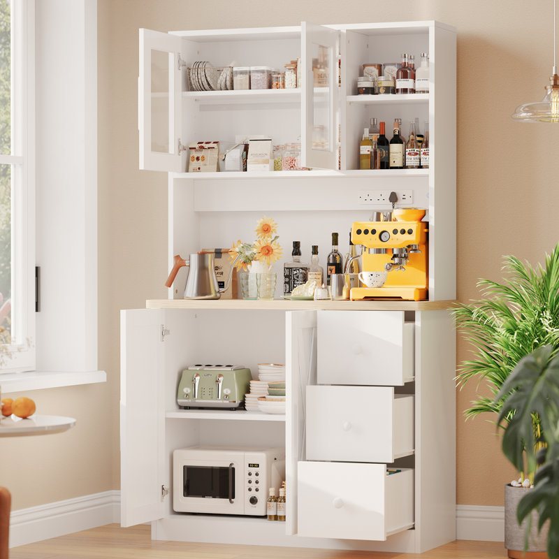 Kitchen Larder Pantry Cabinet Sideboard with Sockets,LED Light,Drawers