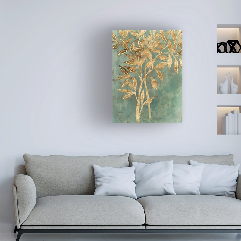 Art mural sur toile tendue - "Gold Leaf Bough I" de June Erica Vess pour décoration de salon, de chambre à coucher ou de bureau - 14 x 19