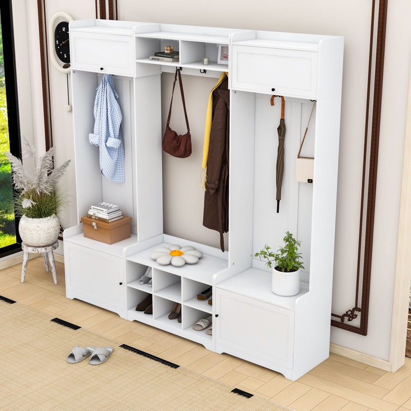 Modern Hall Tree with Storage Cabinets, Adjustable Shelves, Hooks, and Bench Seating for Entryway, White
