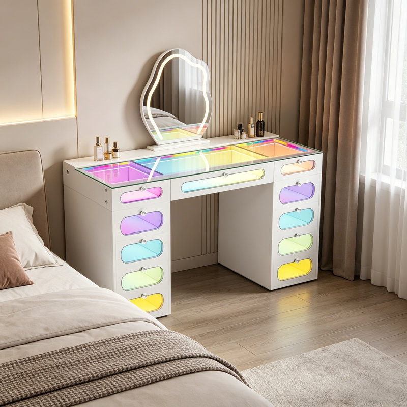 Vanity Desk with Lights RGB Color 11 Oval Glass Fronted Drawers with Crystal Handles Type C & USB Charger for Bedroom