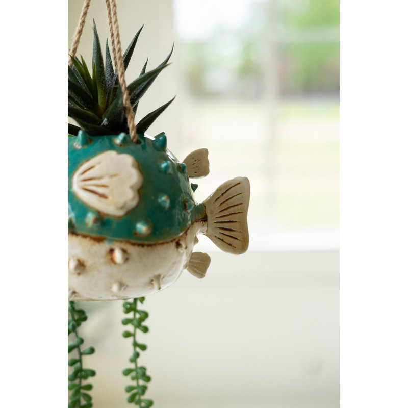  Handcrafted Ceramic Hanging Planter Blowfish Shape 10" H Set of 2