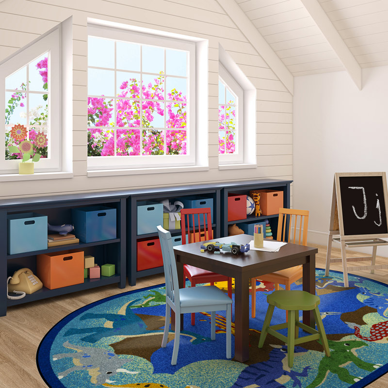 Blue Oval Tufted Synthetic Dinosaur Area Rug