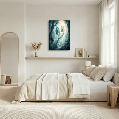Teal Curled Fern Fronds in Misty Blue Forest Canvas Wall Art