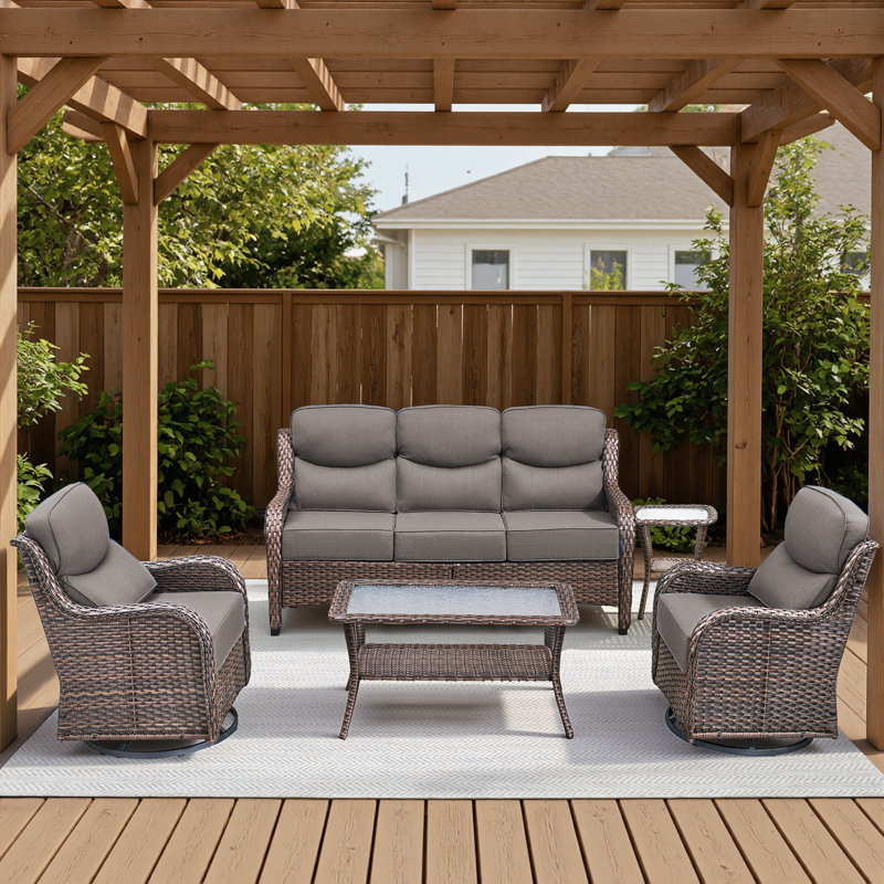 5-Piece Outdoor Wicker Patio Thick Cushion Sofa And Swivel Chairs Set With Coffee Table, Brown, Gray