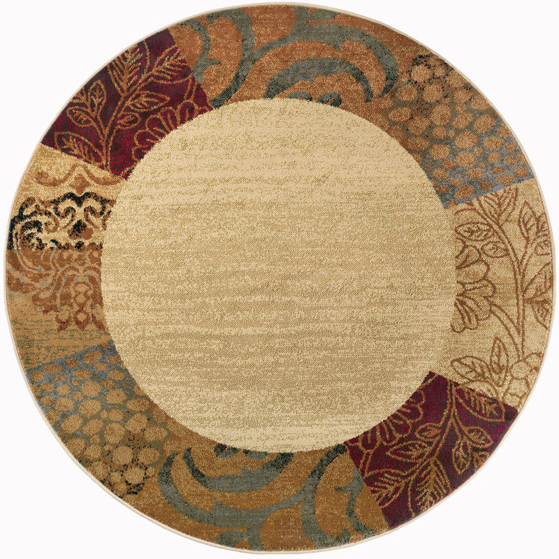 Tapis beige à bordure florale Abercorn pour salon, salle à manger et chambre à coucher, Rond 7 pi 10 po