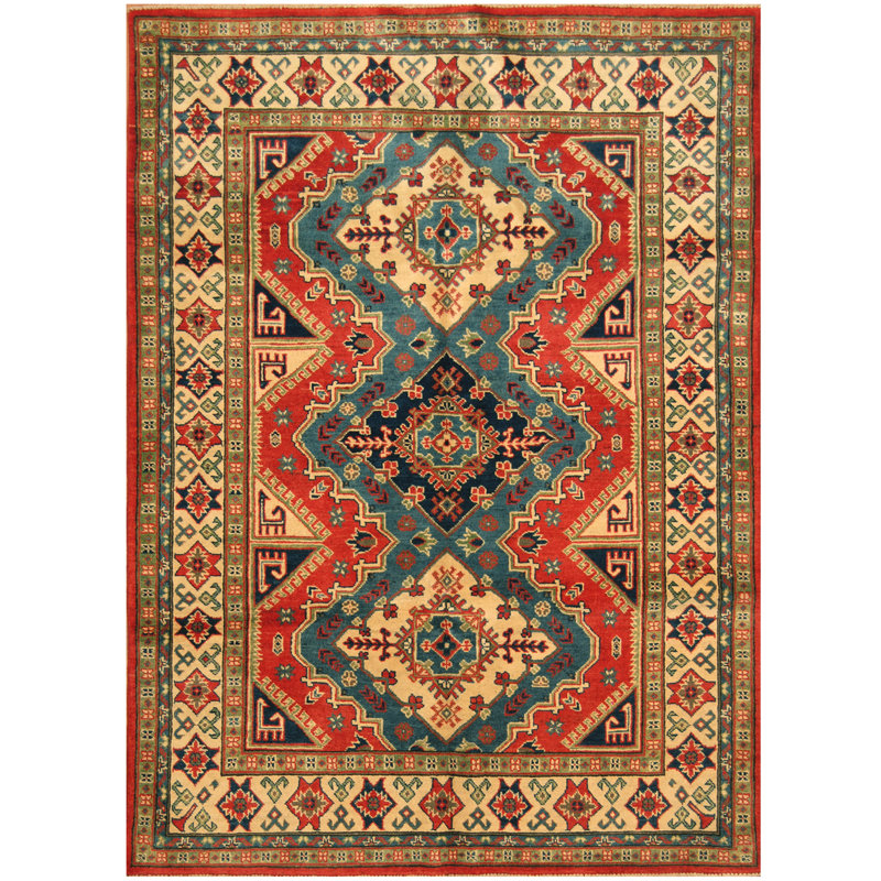 Tapis en laine bleu/rouge/beige 4 pi 9 po x 6 pi 6 po one-of-kind-noué la main Jevon
