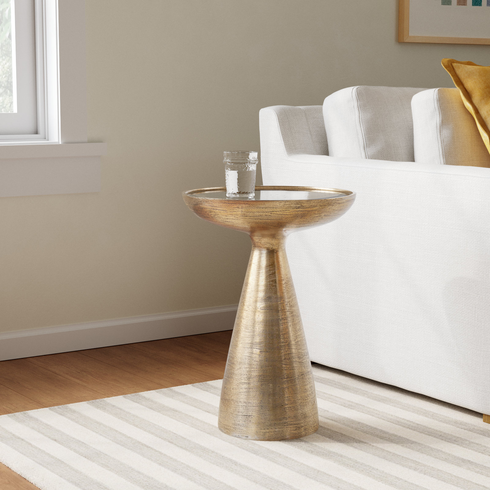 Baya Round Pedestal End Table, Antiqued Mirror, Brushed Brass