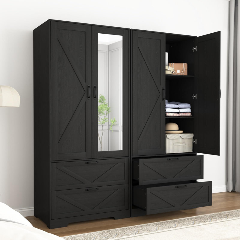 Armoire penderie 72 "avec miroir et 2 tiroirs, Noir