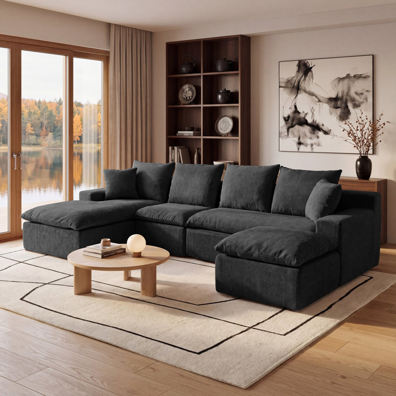 Canapé modulaire en U 118,1 po, canapé modulaire en chenille avec ressorts ensachés, sièges rembourrés à assise profonde modernes pour le salon, pas de rouleau de montage