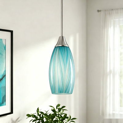 Blue Streaked Art Glass Pendant Light, Brushed Nickel Finish Modern Hanging Lamp for Kitchen Island, Dining Room, Bar