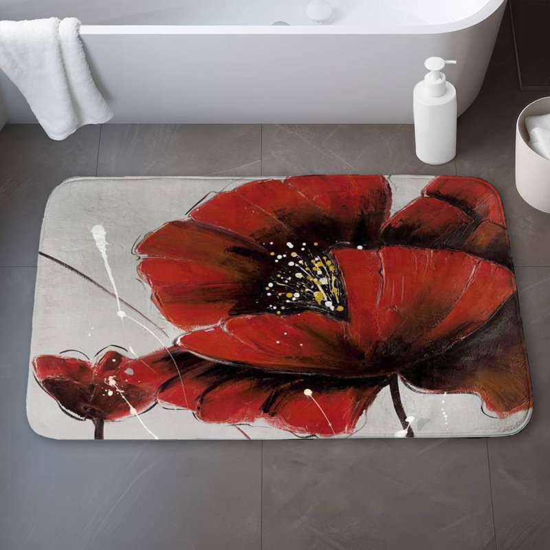 Red poppy flowers Bath Mat with Non-Slip Backing - Quick Dry Memory Foam Bathroom Rug - Absorbent - Modern Plush Spa-Style - Machine Washable