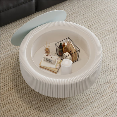 Table basse ronde en cuir avec plateau en verre trempé, blanc doux, rangement dissimulé, 31,5 po pour le salon