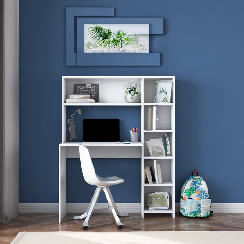 Modern Study Desk with Bookshelf, White, 44.5 x 55.8 x 15.7 inches | 100% Melamine Coated Particle Board, Max Weight Capacity: 77 lbs | Numerous Shelves for Additional Storage, Stylish & Functional Design for Home Office